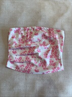 SHEIN White and Pink Floral Strapless Tube Crop Top